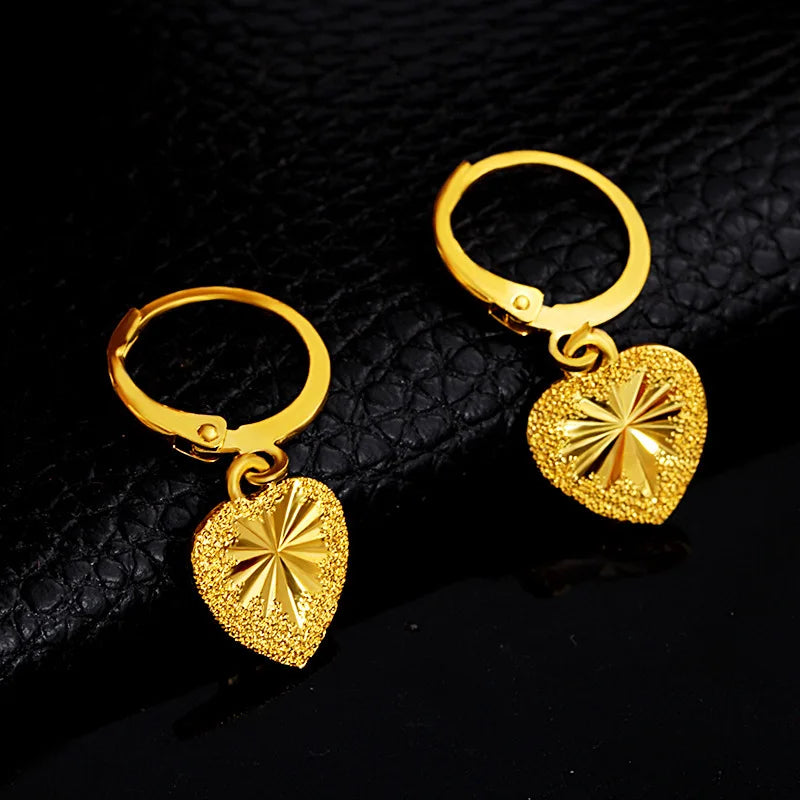 24K Yellow Gold Drop Earring for Women Fine Romantic Heart Jewelry - Lylamor.com