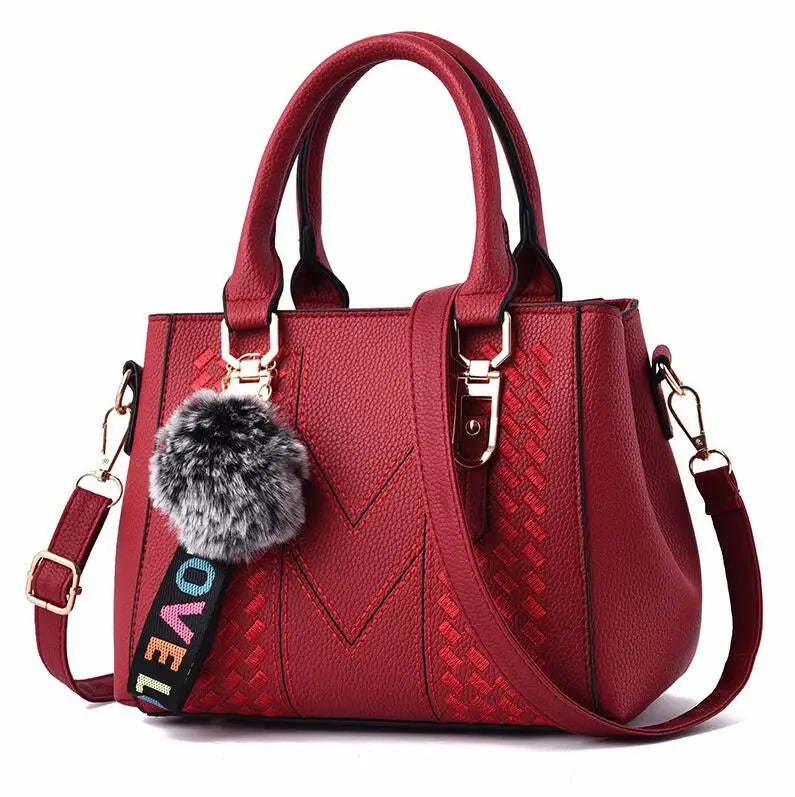 Embroidery Leather Messenger Bag for Women - Elegant Hairball Design Handbag
