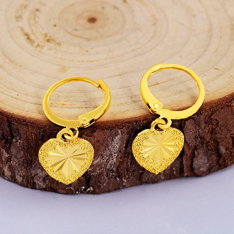 24K Yellow Gold Drop Earring for Women Fine Romantic Heart Jewelry - Lylamor.com