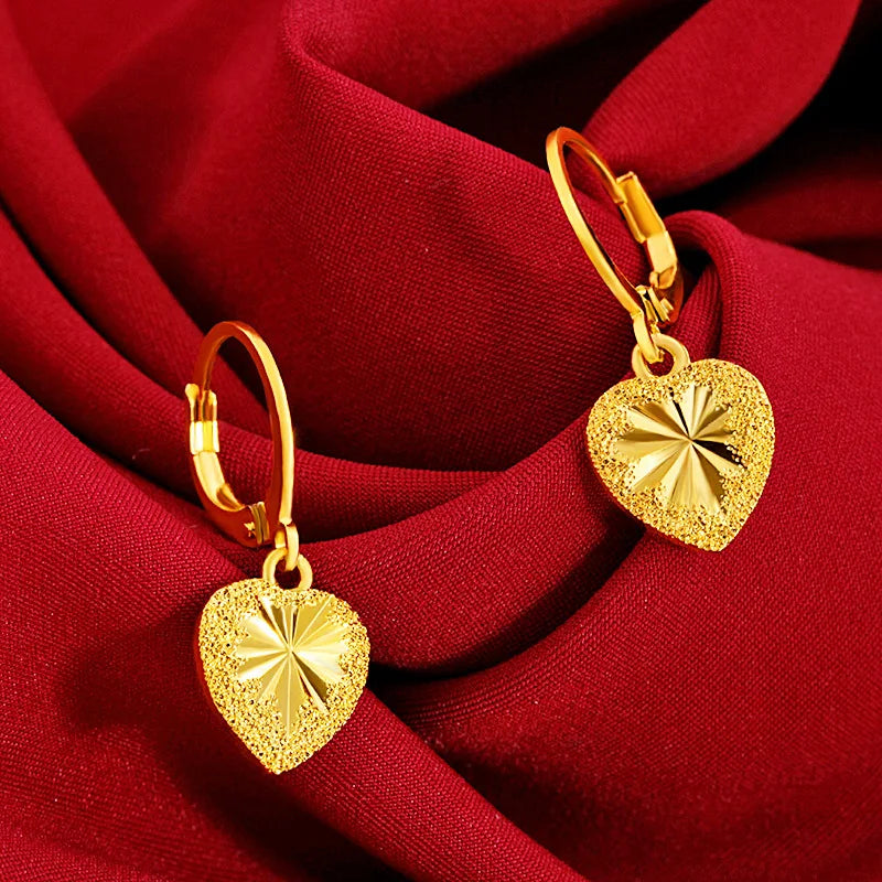 24K Yellow Gold Drop Earring for Women Fine Romantic Heart Jewelry - Lylamor.com