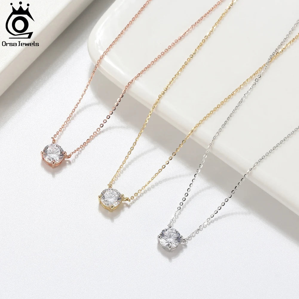 ORSA JEWELS 925 Sterling Silver Dainty Necklace for Women 14K Gold Plated Round Brilliant Cut Solitaire Pendant Necklace APN13 - Lylamor.com