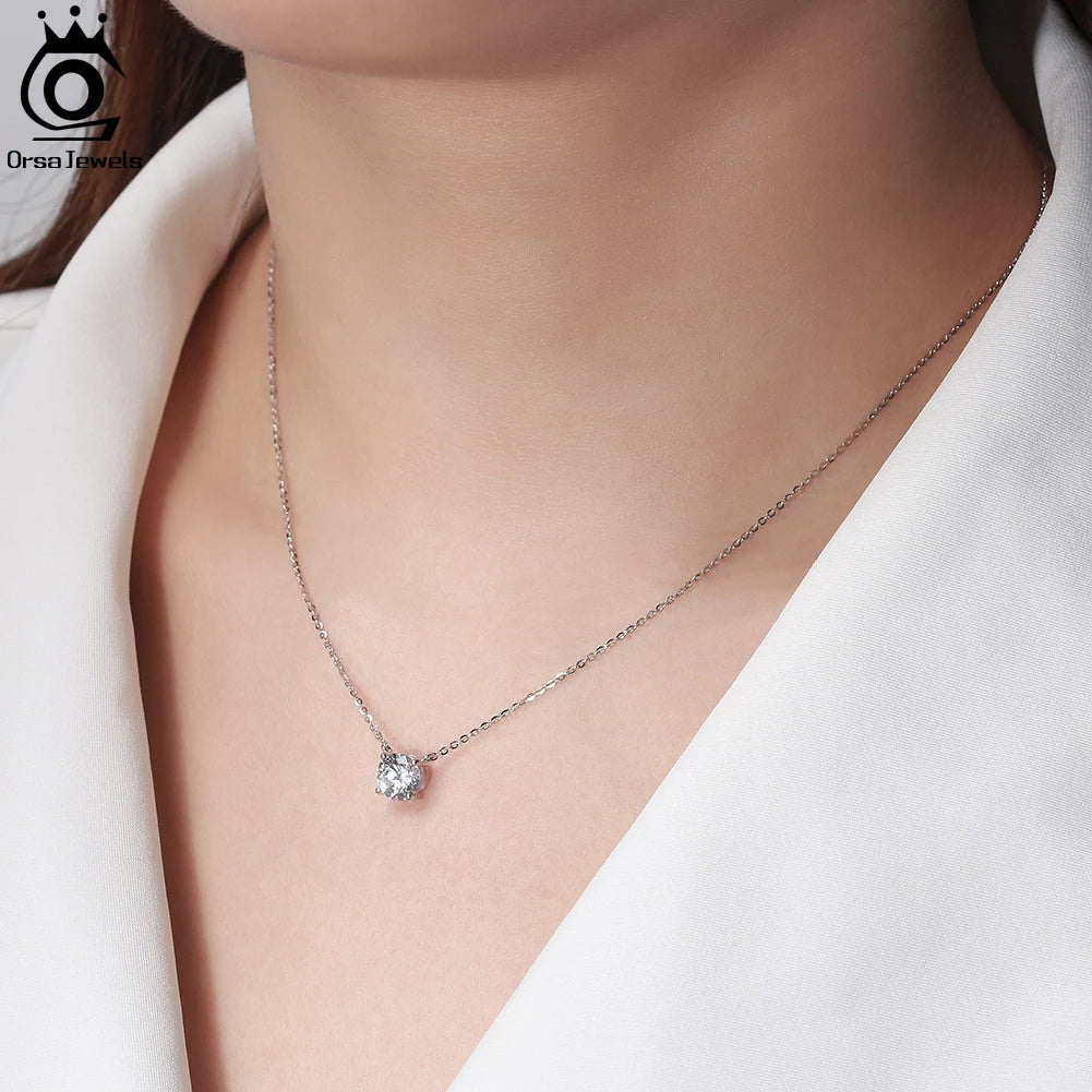 ORSA JEWELS 925 Sterling Silver Dainty Necklace for Women 14K Gold Plated Round Brilliant Cut Solitaire Pendant Necklace APN13 - Lylamor.com