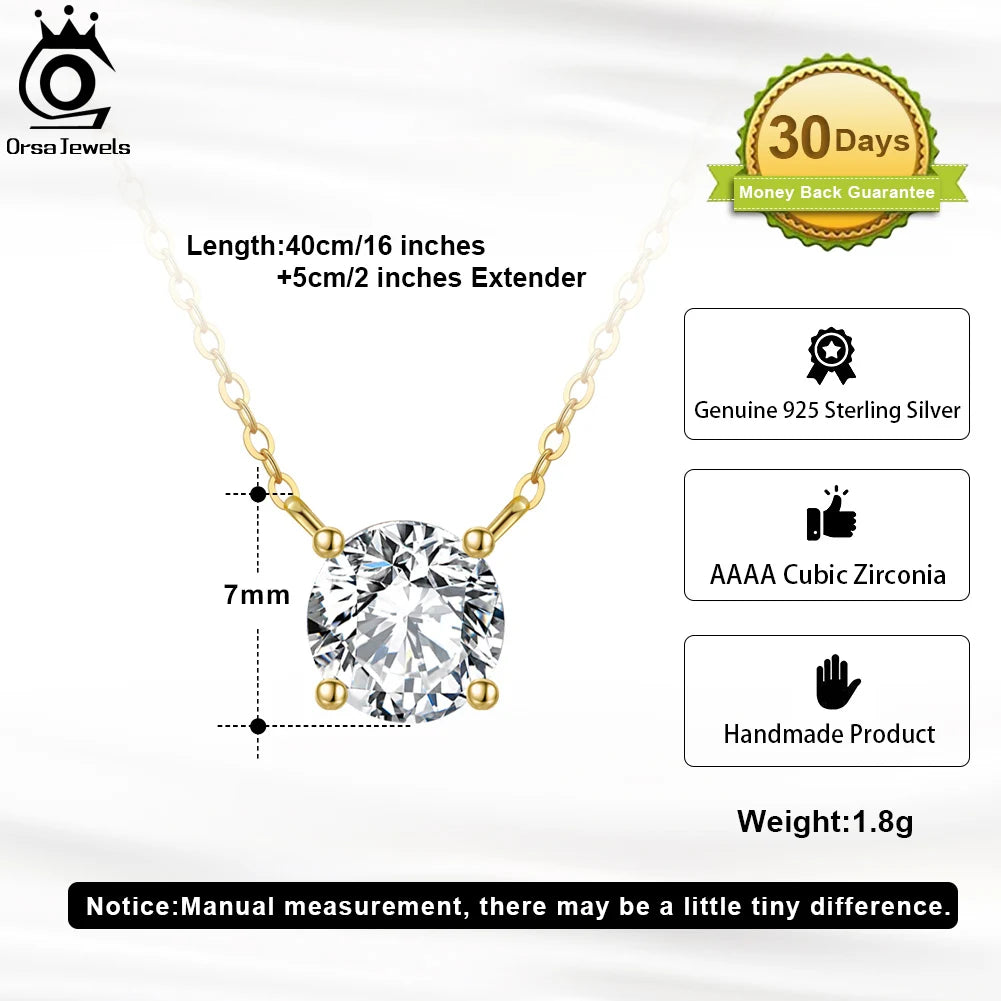 ORSA JEWELS 925 Sterling Silver Dainty Necklace for Women 14K Gold Plated Round Brilliant Cut Solitaire Pendant Necklace APN13 - Lylamor.com