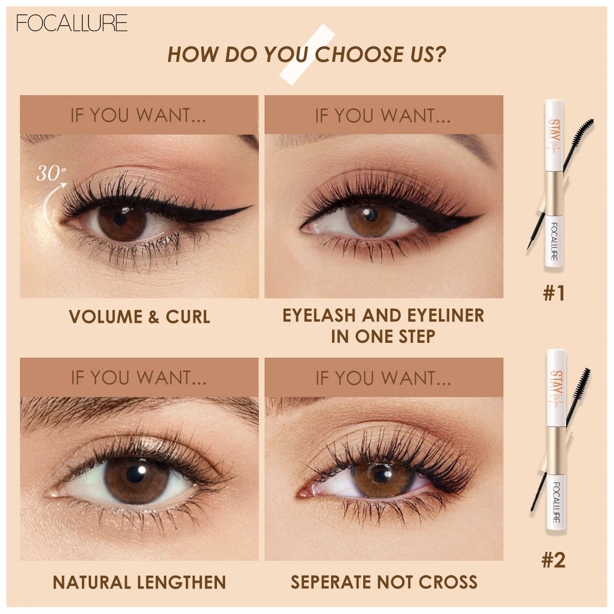 FOCALLURE 2-in-1 Mascara & Eyeliner Waterproof Makeup - Lylamor.com