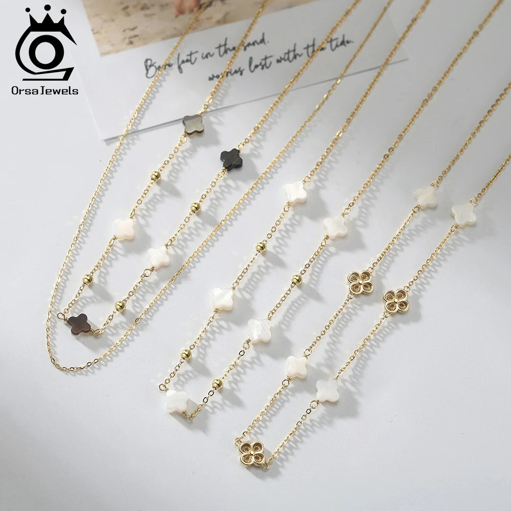 ORSA JEWELS Elegant Ladies 925 Sterling Silver Necklace Four-Leaf Clover Inlaid Shell Decoration Suitable Daily Wear And Gifts - Lylamor.com