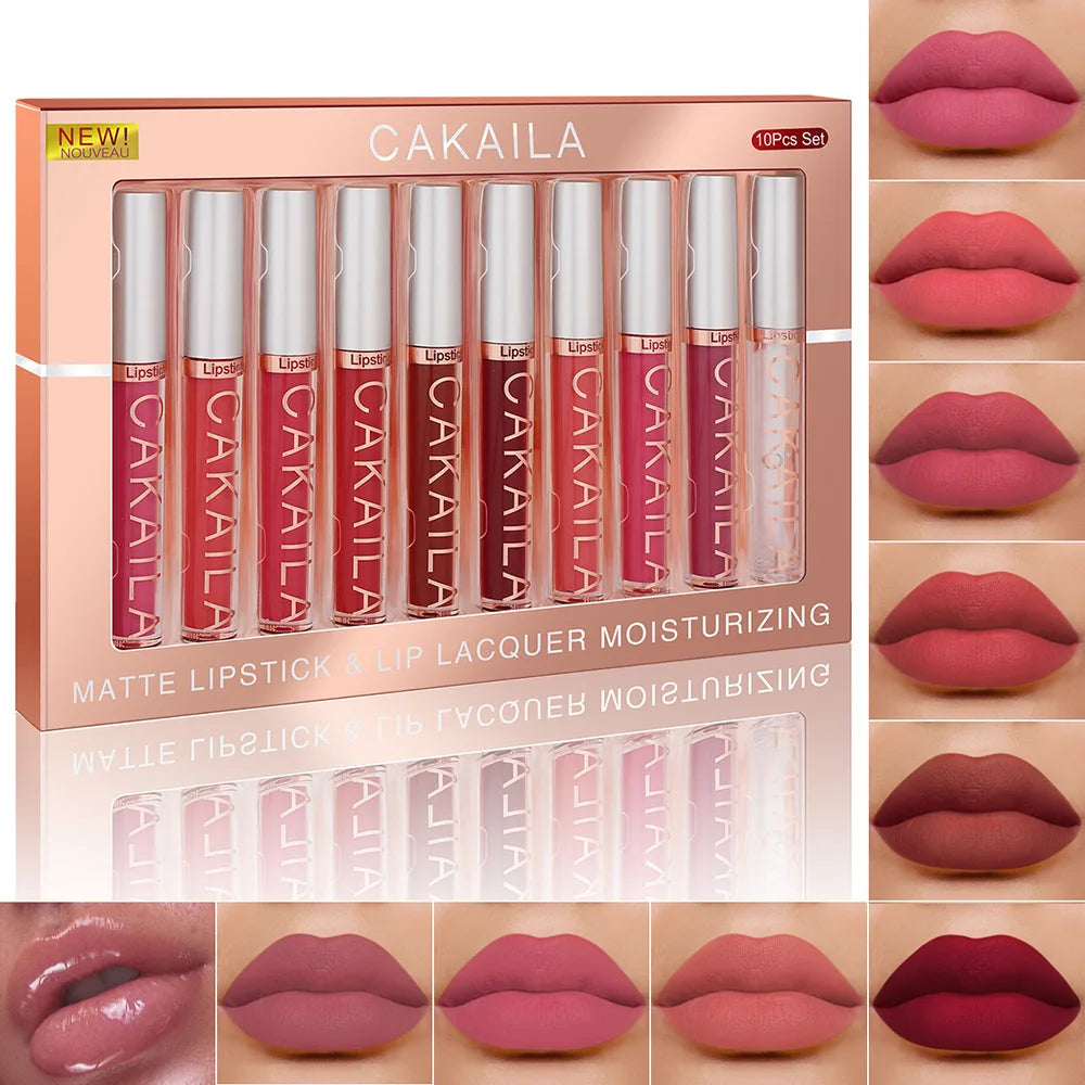 CAKAILA 10PC Nude Lipstick Set – Matte Velvet Liquid Lipstick (Waterproof & Long-Lasting)