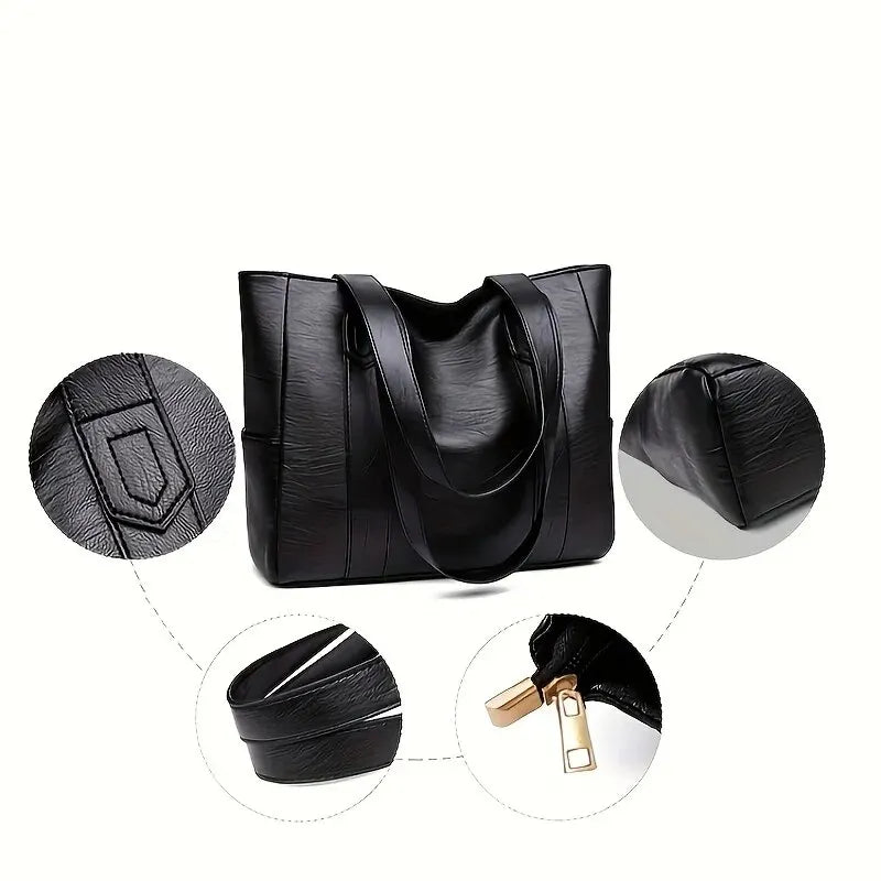 Vintage Large Capacity Tote Bag – Retro Vegan Leather Shoulder Bag for Women's Commute