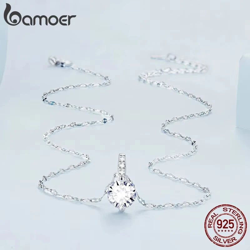 Bamoer 925 Sterling Silver Simple Clear Zircon Pendant Necklace for Women Wedding Engagement Anniversary Fine Jewelry BSN273