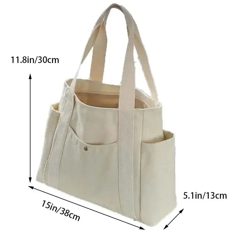 Canvas Shoulder Tote Bag for Women - Large Capacity Student Handbag with Multiple Pockets