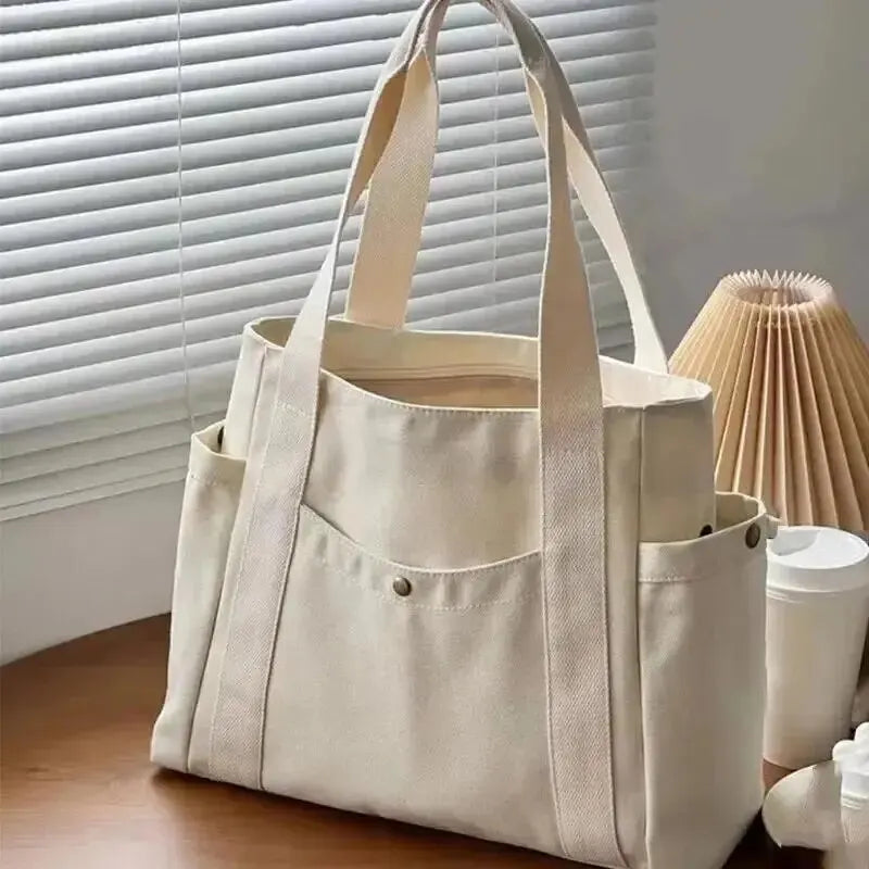 Canvas Shoulder Tote Bag for Women - Large Capacity Student Handbag with Multiple Pockets
