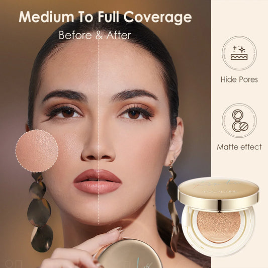 FOCALLURE Air Cushion Foundation – Waterproof, Matte, High Coverage, Poreless Finish - Lylamor.com
