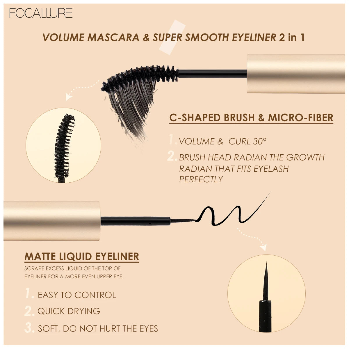 FOCALLURE 2-in-1 Mascara & Eyeliner Waterproof Makeup - Lylamor.com