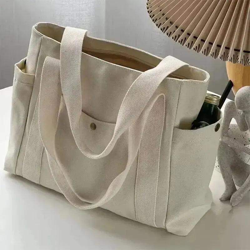 Canvas Shoulder Tote Bag for Women - Large Capacity Student Handbag with Multiple Pockets