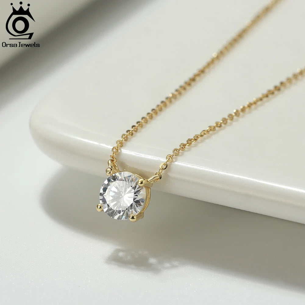 ORSA JEWELS 925 Sterling Silver Dainty Necklace for Women 14K Gold Plated Round Brilliant Cut Solitaire Pendant Necklace APN13 - Lylamor.com