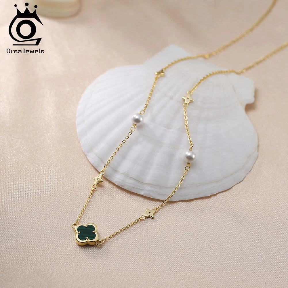 ORSA JEWELS Elegant Ladies 925 Sterling Silver Necklace Four-Leaf Clover Inlaid Shell Decoration Suitable Daily Wear And Gifts - Lylamor.com