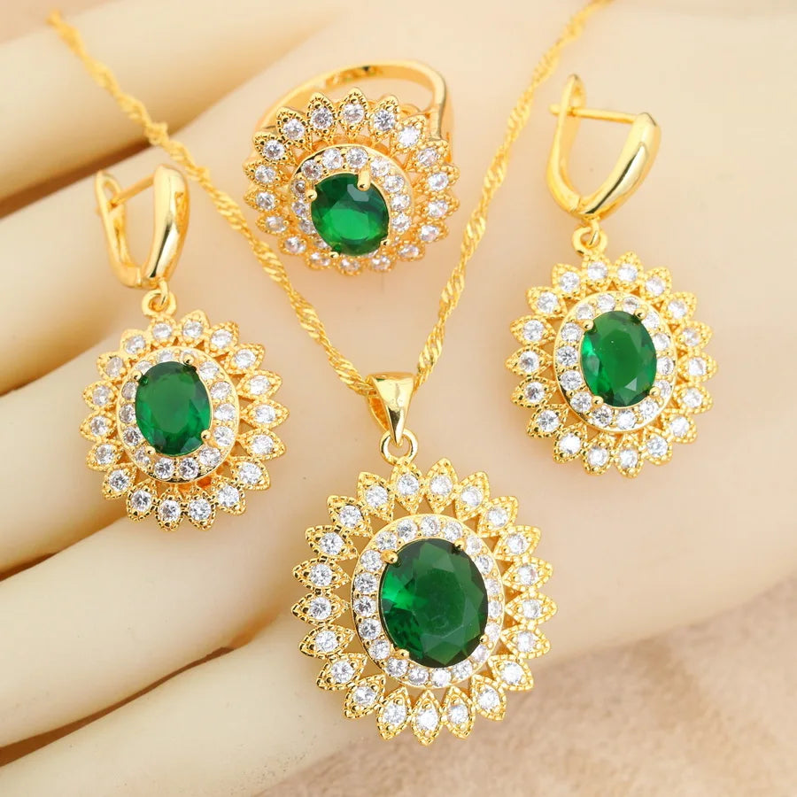 18K Gold Plated Bridal Jewelry Sets Wedding Ring Costume Earrings Pendant Chain Necklace For Women Christmas Gift - Lylamor.com