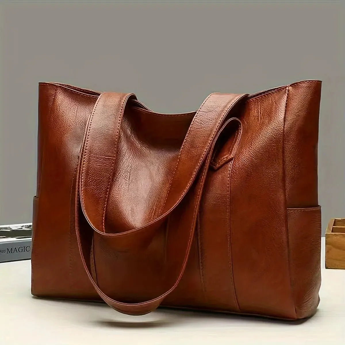 Vintage Large Capacity Tote Bag – Retro Vegan Leather Shoulder Bag for Women's Commute