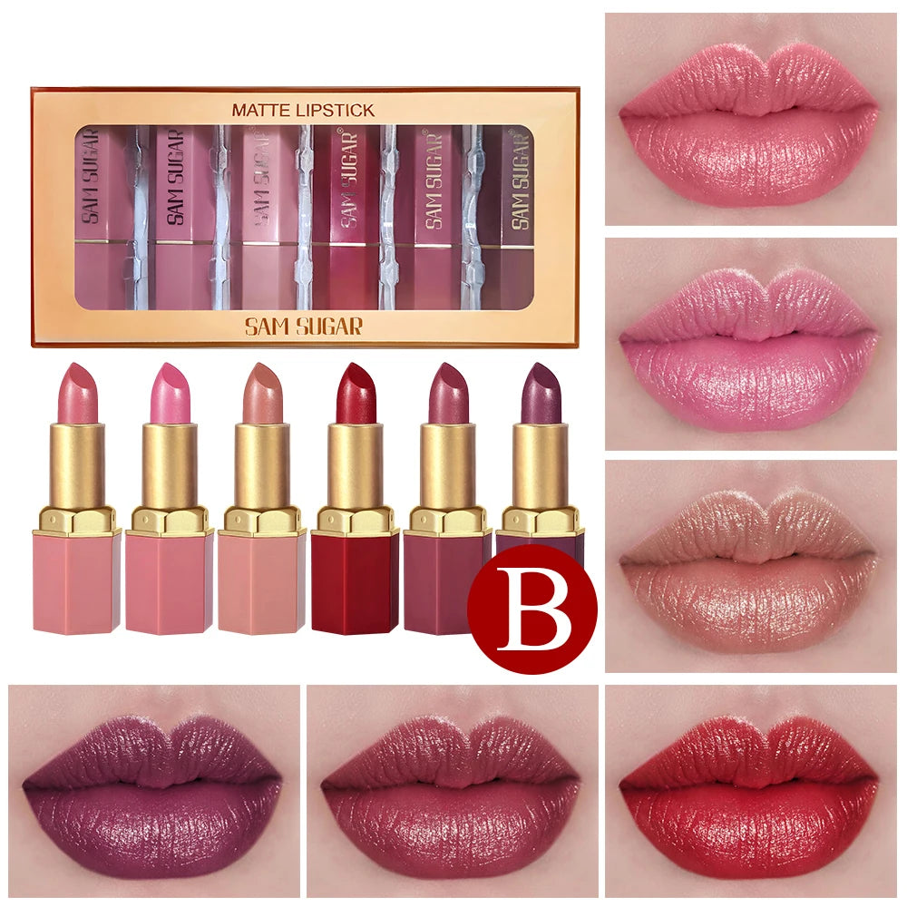 6PC Gold Bar Lipstick Set – Matte Pearlescent Glitter Velvet Lipsticks (Valentine’s Gift)