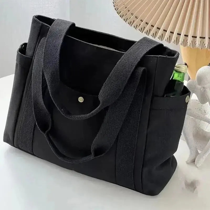Canvas Shoulder Tote Bag for Women - Large Capacity Student Handbag with Multiple Pockets