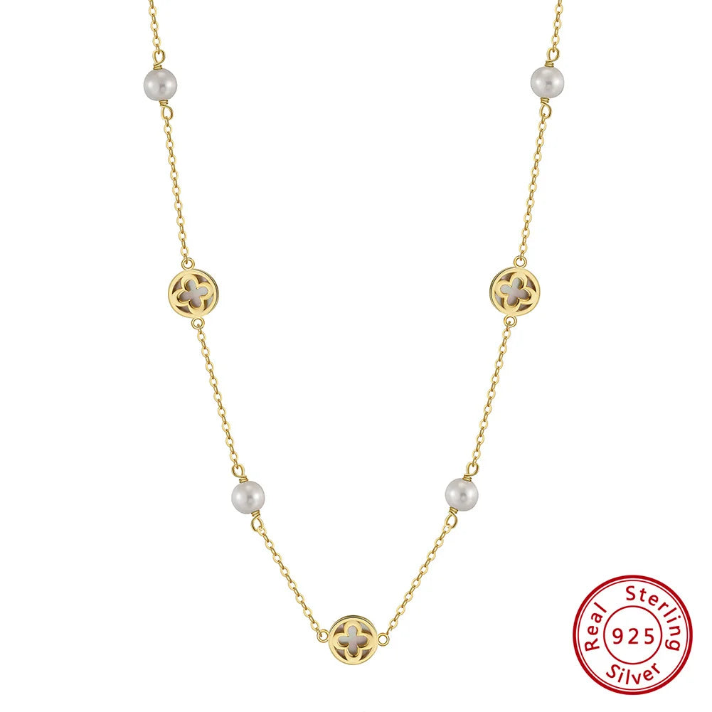 ORSA JEWELS Elegant Ladies 925 Sterling Silver Necklace Four-Leaf Clover Inlaid Shell Decoration Suitable Daily Wear And Gifts - Lylamor.com