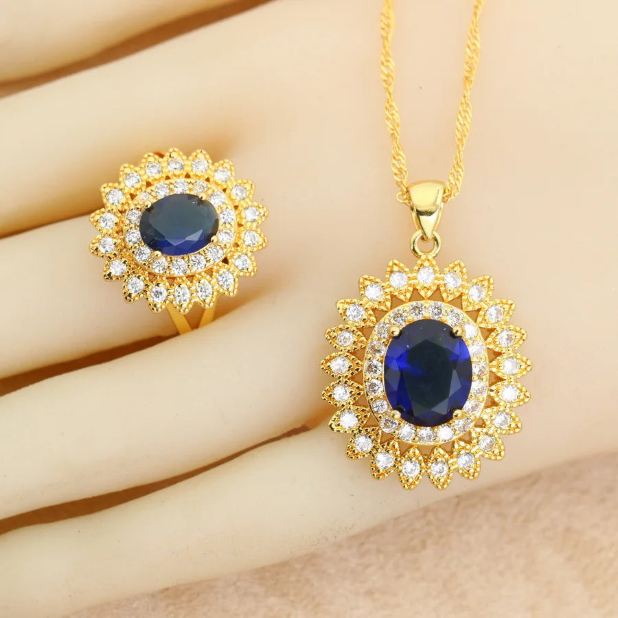 18K Gold Plated Bridal Jewelry Sets Wedding Ring Costume Earrings Pendant Chain Necklace For Women Christmas Gift - Lylamor.com