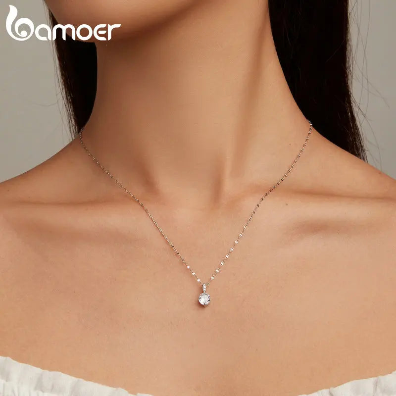 Bamoer 925 Sterling Silver Simple Clear Zircon Pendant Necklace for Women Wedding Engagement Anniversary Fine Jewelry BSN273