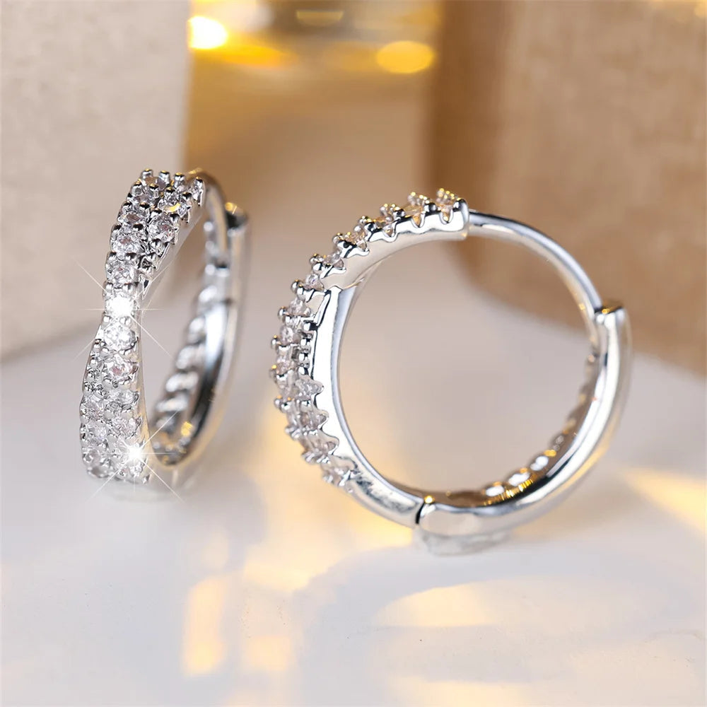 White Zircon Crossed Hoop Earrings - Vintage Gold/Silver Wedding Jewelry