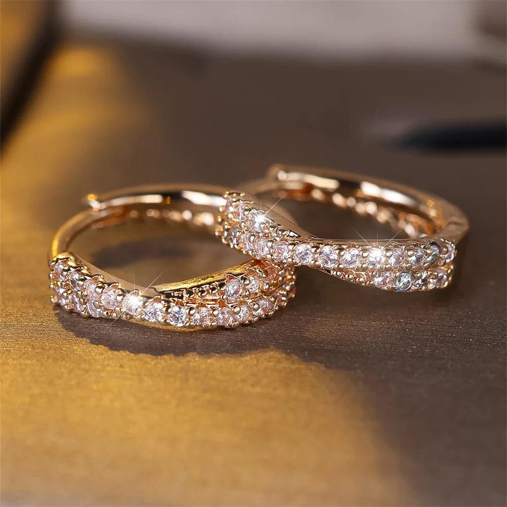 White Zircon Crossed Hoop Earrings - Vintage Gold/Silver Wedding Jewelry