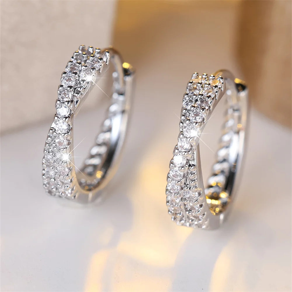 White Zircon Crossed Hoop Earrings - Vintage Gold/Silver Wedding Jewelry