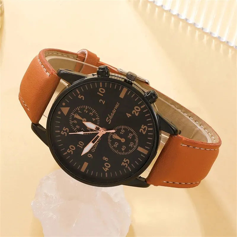 Luxury Men’s Watch & Bracelet Set – Brown Leather Quartz Wristwatch Gift (Relogio Masculino) - Lylamor.com