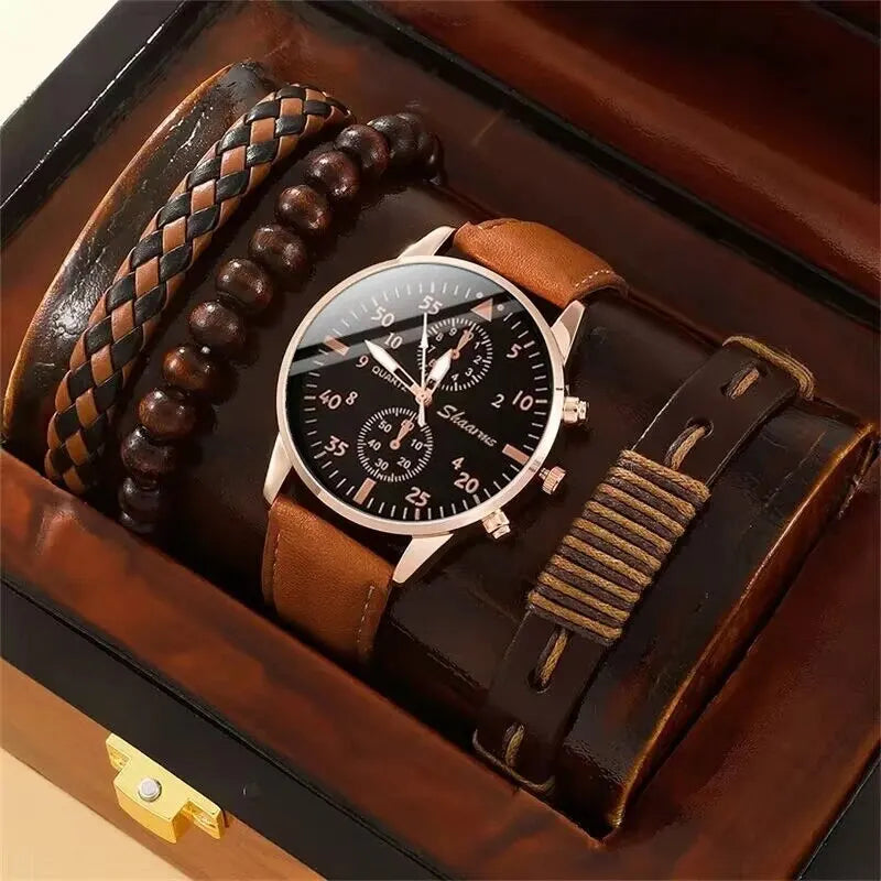 Luxury Men’s Watch & Bracelet Set – Brown Leather Quartz Wristwatch Gift (Relogio Masculino) - Lylamor.com