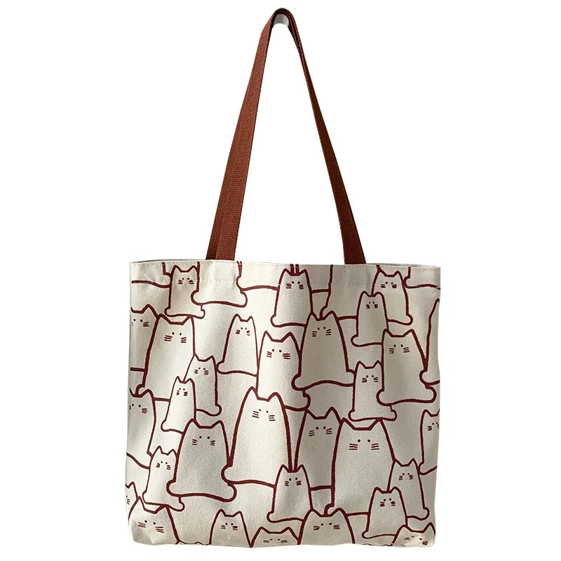 Japanese Cartoon Cat Tote Bag - Cute Canvas Shopper Handbag for Women & Girls - Lylamor.com