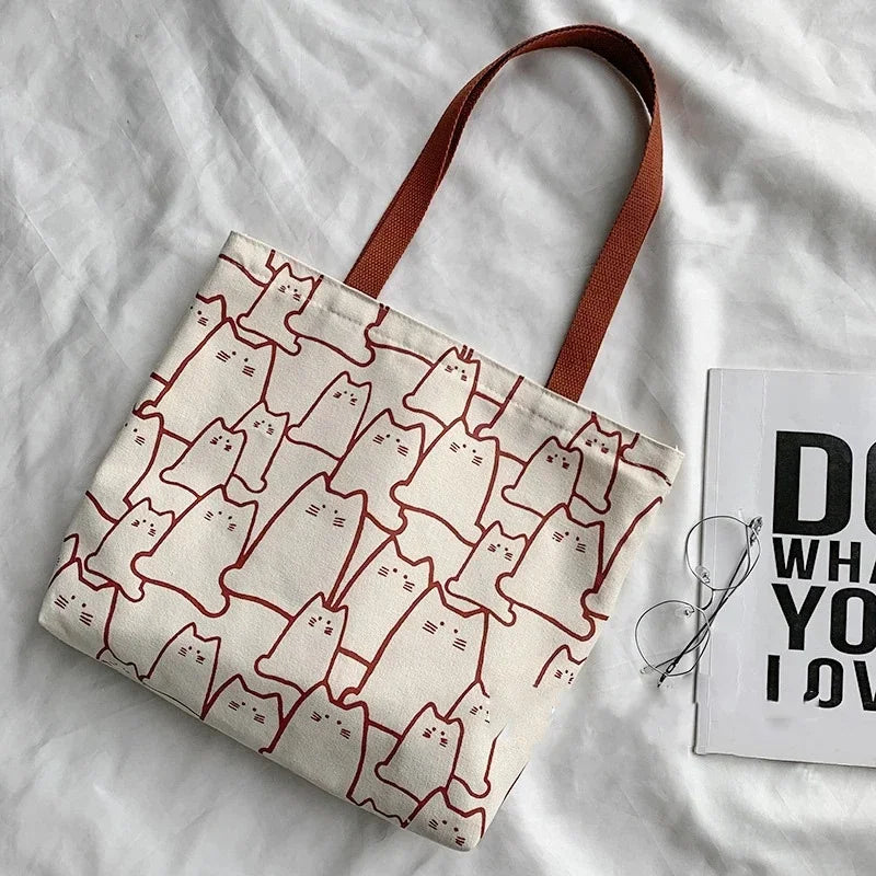 Japanese Cartoon Cat Tote Bag - Cute Canvas Shopper Handbag for Women & Girls - Lylamor.com