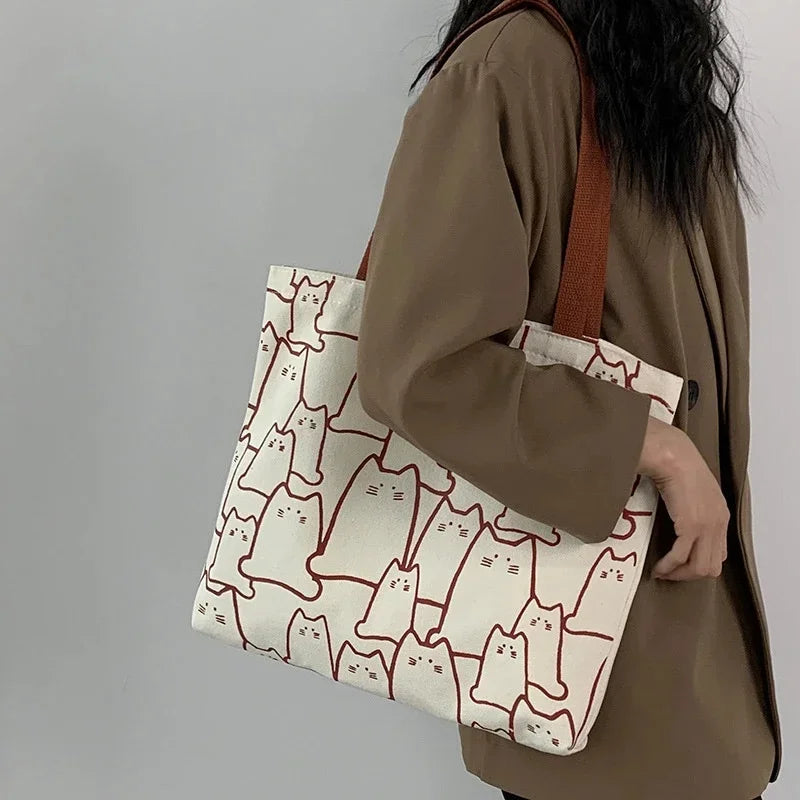 Japanese Cartoon Cat Tote Bag - Cute Canvas Shopper Handbag for Women & Girls - Lylamor.com