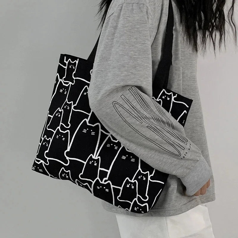 Japanese Cartoon Cat Tote Bag - Cute Canvas Shopper Handbag for Women & Girls - Lylamor.com