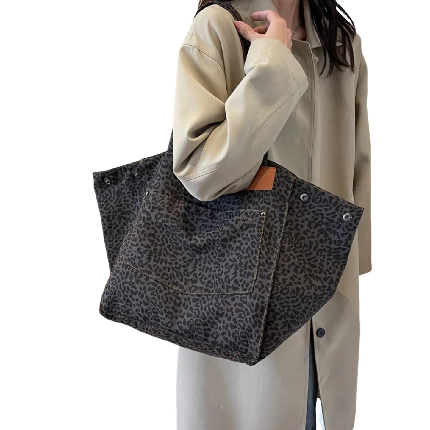 Leopard Print Canvas Tote Bag – Large Capacity Retro Shoulder Bag for School, Work & Shopping - Lylamor.com