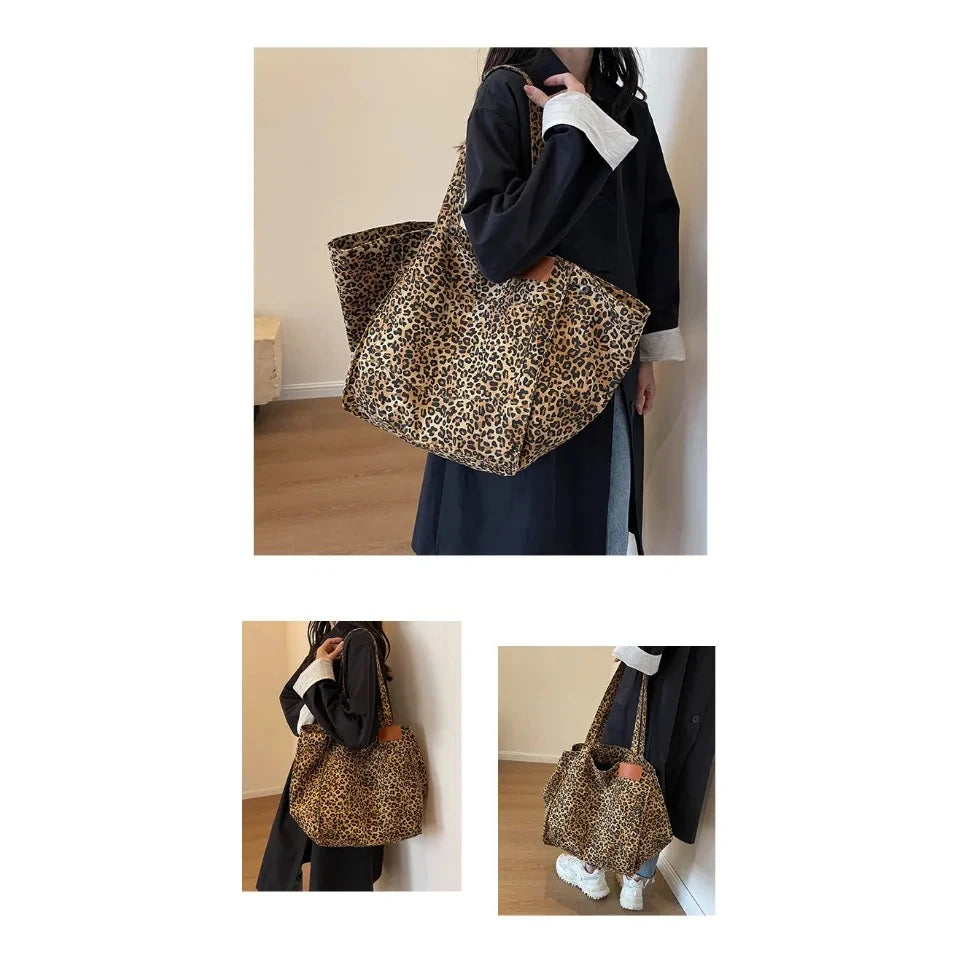 Leopard Print Canvas Tote Bag – Large Capacity Retro Shoulder Bag for School, Work & Shopping - Lylamor.com