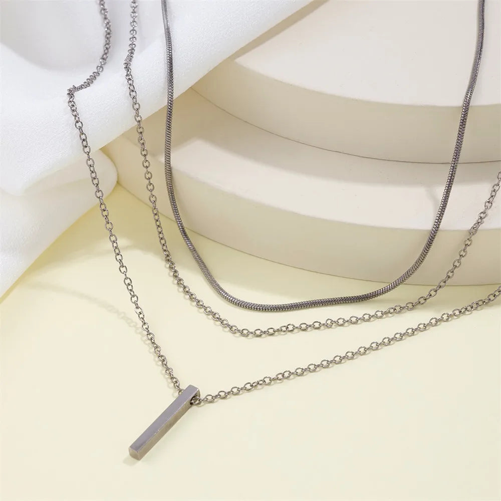 Vintage Layered Bar Necklace | Gold Rectangle Pendant Clavicle Chain for Women - Lylamor.com