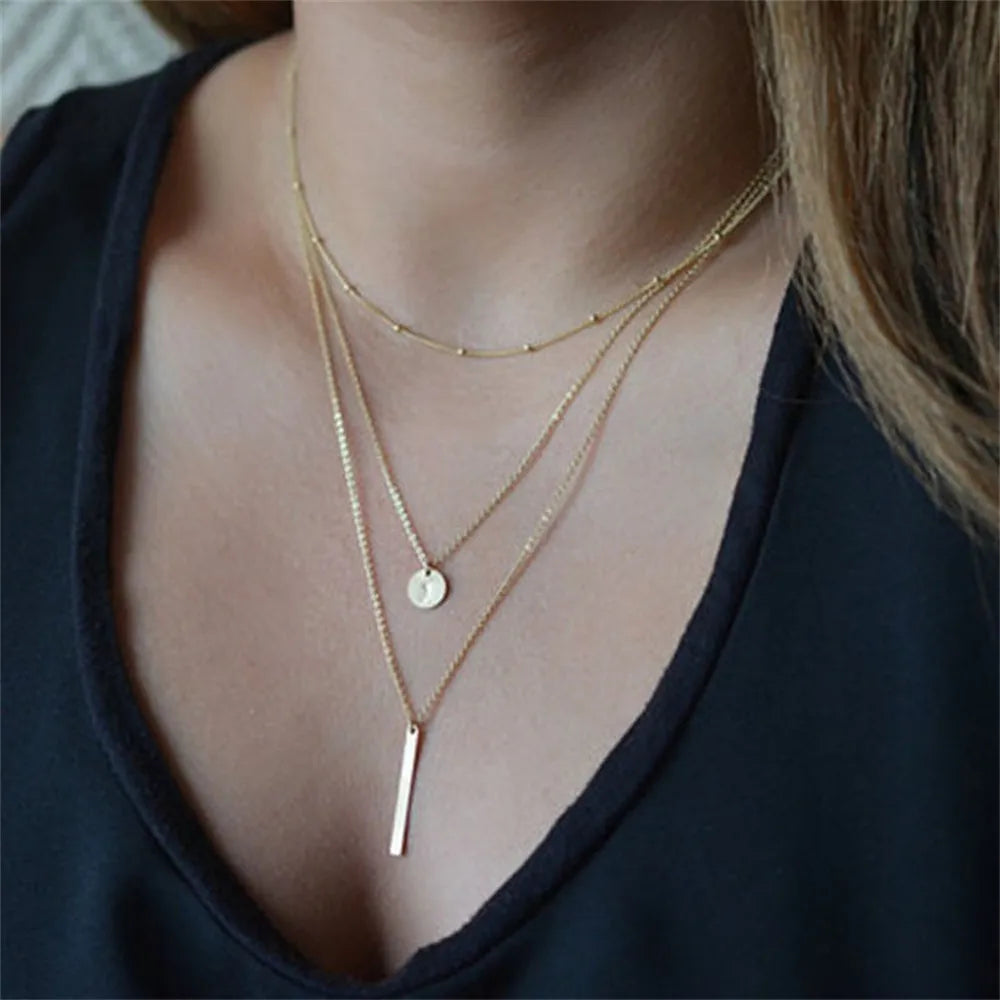 Vintage Layered Bar Necklace | Gold Rectangle Pendant Clavicle Chain for Women - Lylamor.com