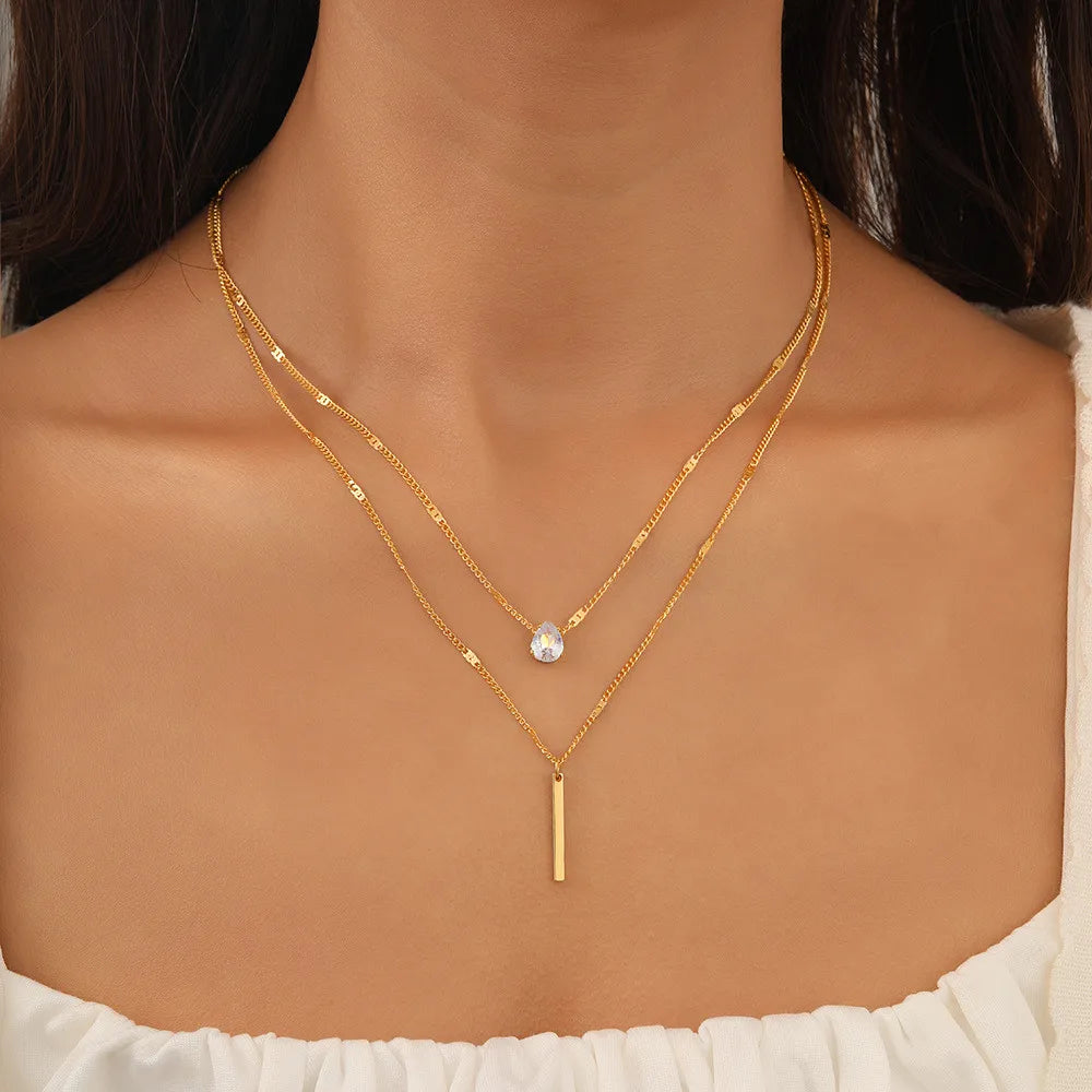 Vintage Layered Bar Necklace | Gold Rectangle Pendant Clavicle Chain for Women - Lylamor.com