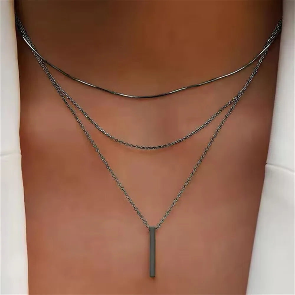 Vintage Layered Bar Necklace | Gold Rectangle Pendant Clavicle Chain for Women - Lylamor.com