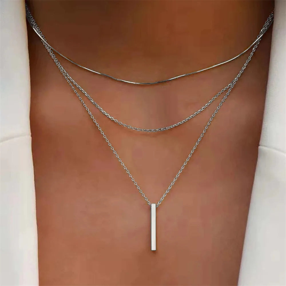 Vintage Layered Bar Necklace | Gold Rectangle Pendant Clavicle Chain for Women - Lylamor.com