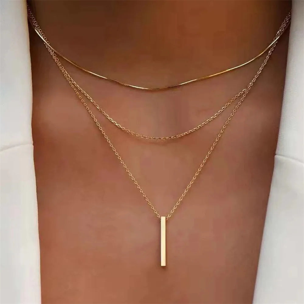 Vintage Layered Bar Necklace | Gold Rectangle Pendant Clavicle Chain for Women - Lylamor.com