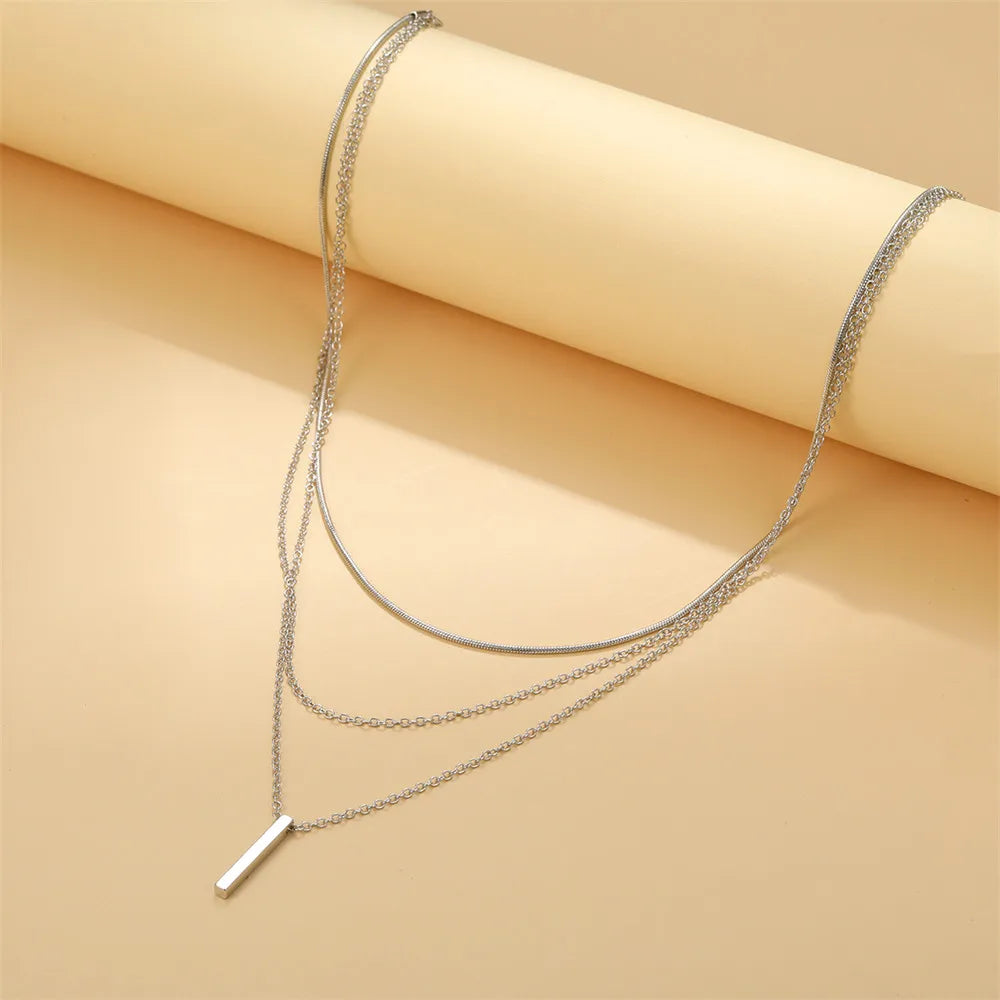 Vintage Layered Bar Necklace | Gold Rectangle Pendant Clavicle Chain for Women - Lylamor.com