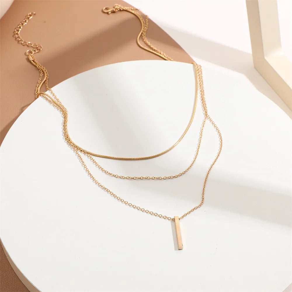 Vintage Layered Bar Necklace | Gold Rectangle Pendant Clavicle Chain for Women - Lylamor.com