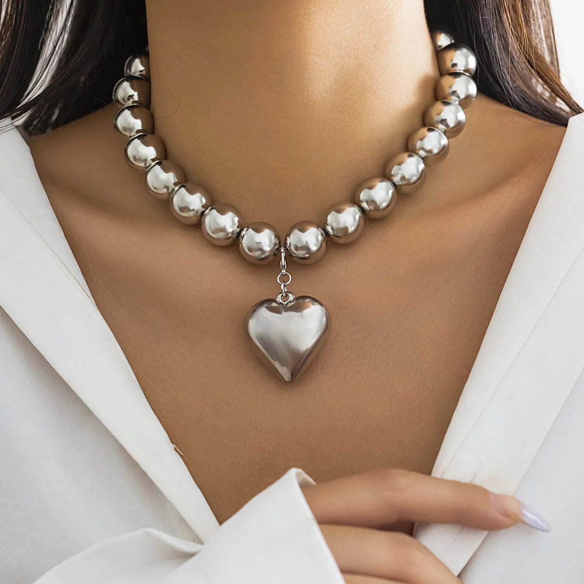 Trendy CCB Ball Beaded Heart Pendant Choker Necklace - 2025 Fashion Jewelry for Women - Lylamor.com