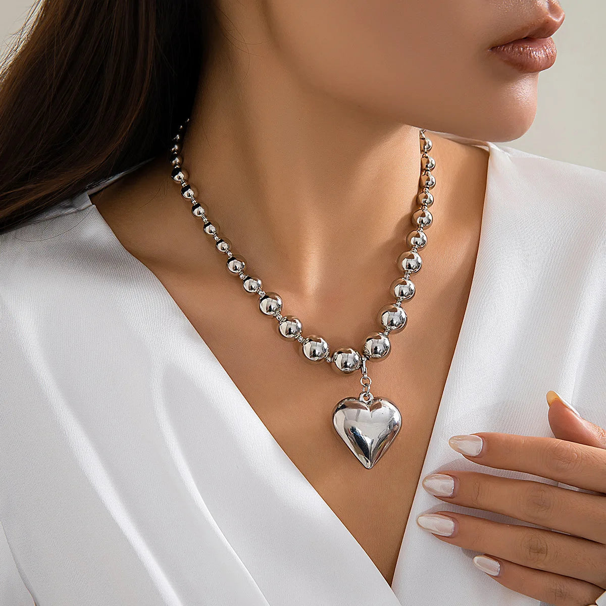 Trendy CCB Ball Beaded Heart Pendant Choker Necklace - 2025 Fashion Jewelry for Women - Lylamor.com