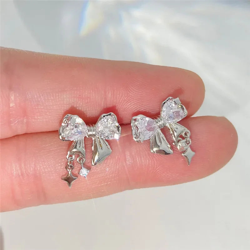 Bowknot Zircon Stud Earrings | Korean-Inspired Pink Crystal Jewelry for Women - Lylamor.com