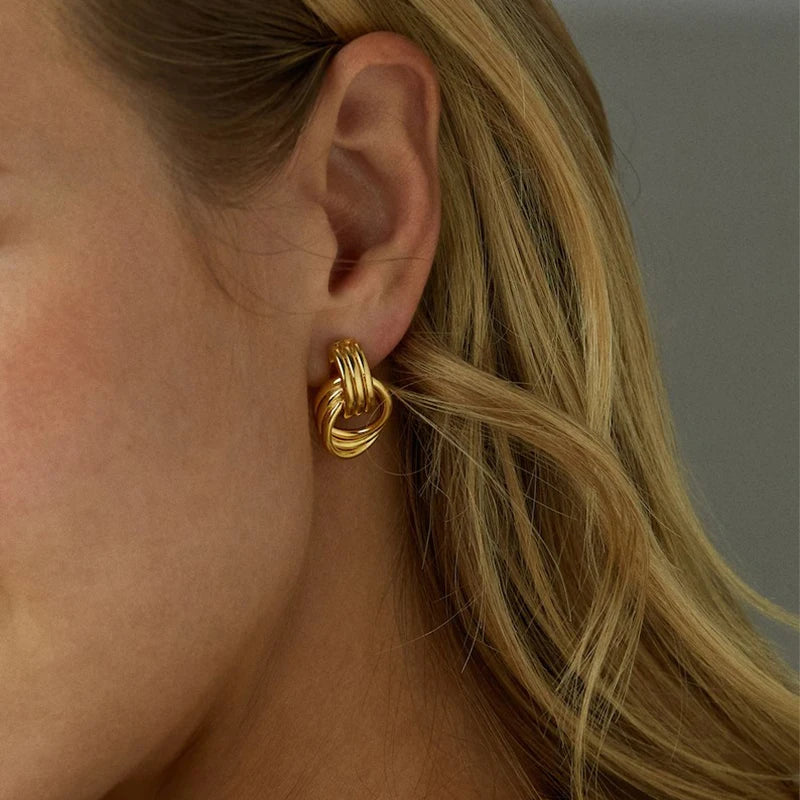 Glossy Three-Layer Knot Earrings | Gold Stainless Steel Vintage Jewelry for Women - Lylamor.com