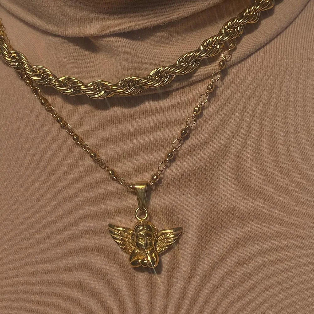 Bohemian Cherub Pendant Necklace – Chunky Gold-Plated Chain Necklace for Women - Lylamor.com